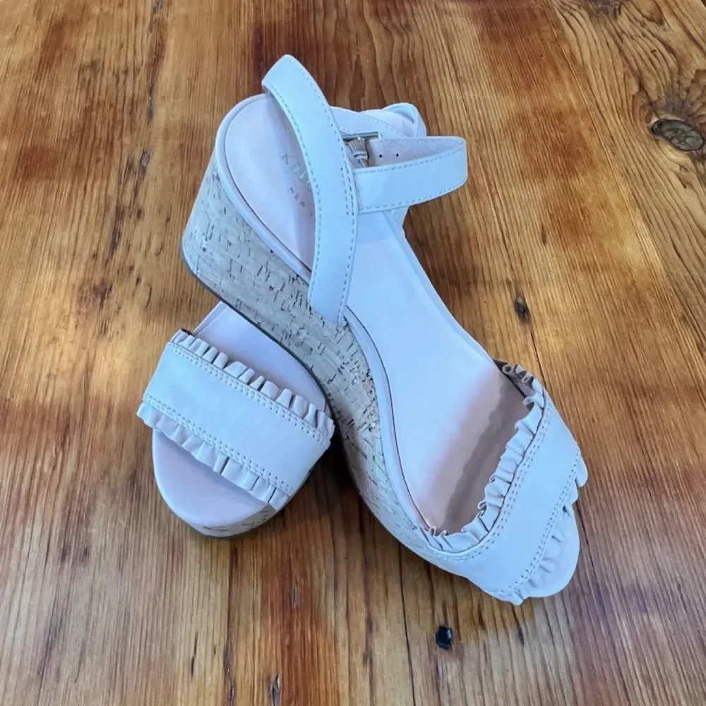 Kate‎ Spade Tomas Bone Light Pink Leather  & Cork Wedge Sandals Women's